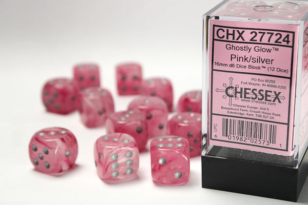 Ghostly Glow 16mm d6 Dice (Pink/Silver)