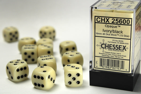 Opaque 16mm d6 Dice (Ivory/Black)