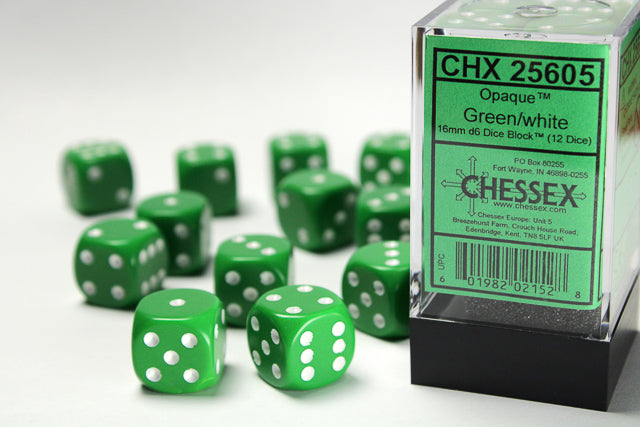 Opaque 16mm d6 Dice (Green/White)