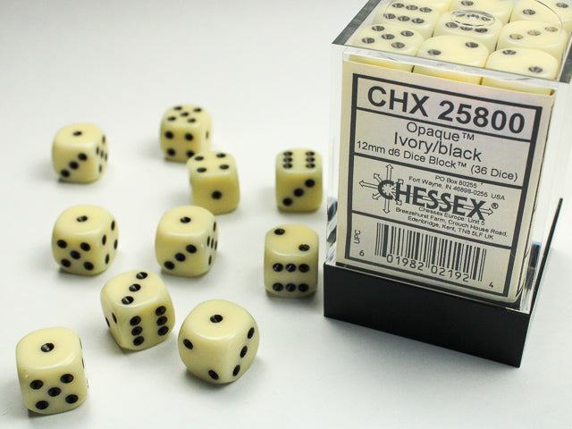 Opaque 12mm d6 Dice (Ivory/Black)