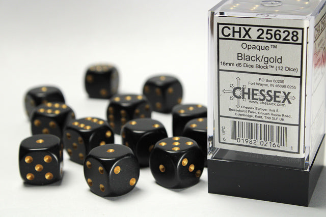 Chessex - Opaque - 16mm d6 Dice (Black/Gold)