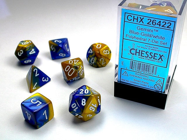 Gemini Polyhedral 7-Die Set (Blue-Gold/White)