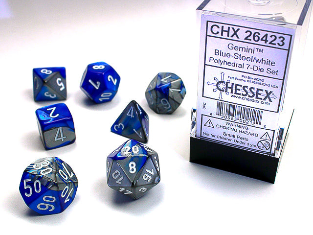 Gemini Polyhedral 7-Die Set (Blue-Steel/White)