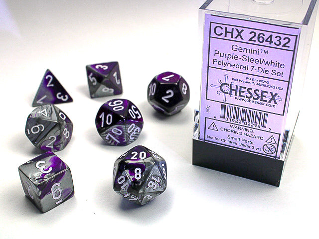 Gemini Polyhedral 7-Die Set (Purple-Steel/White)
