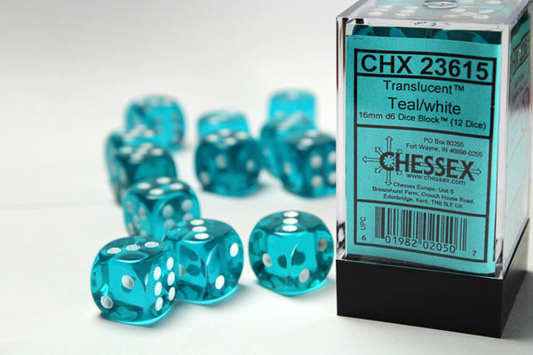 Translucent 16mm d6 Dice (Teal/White)